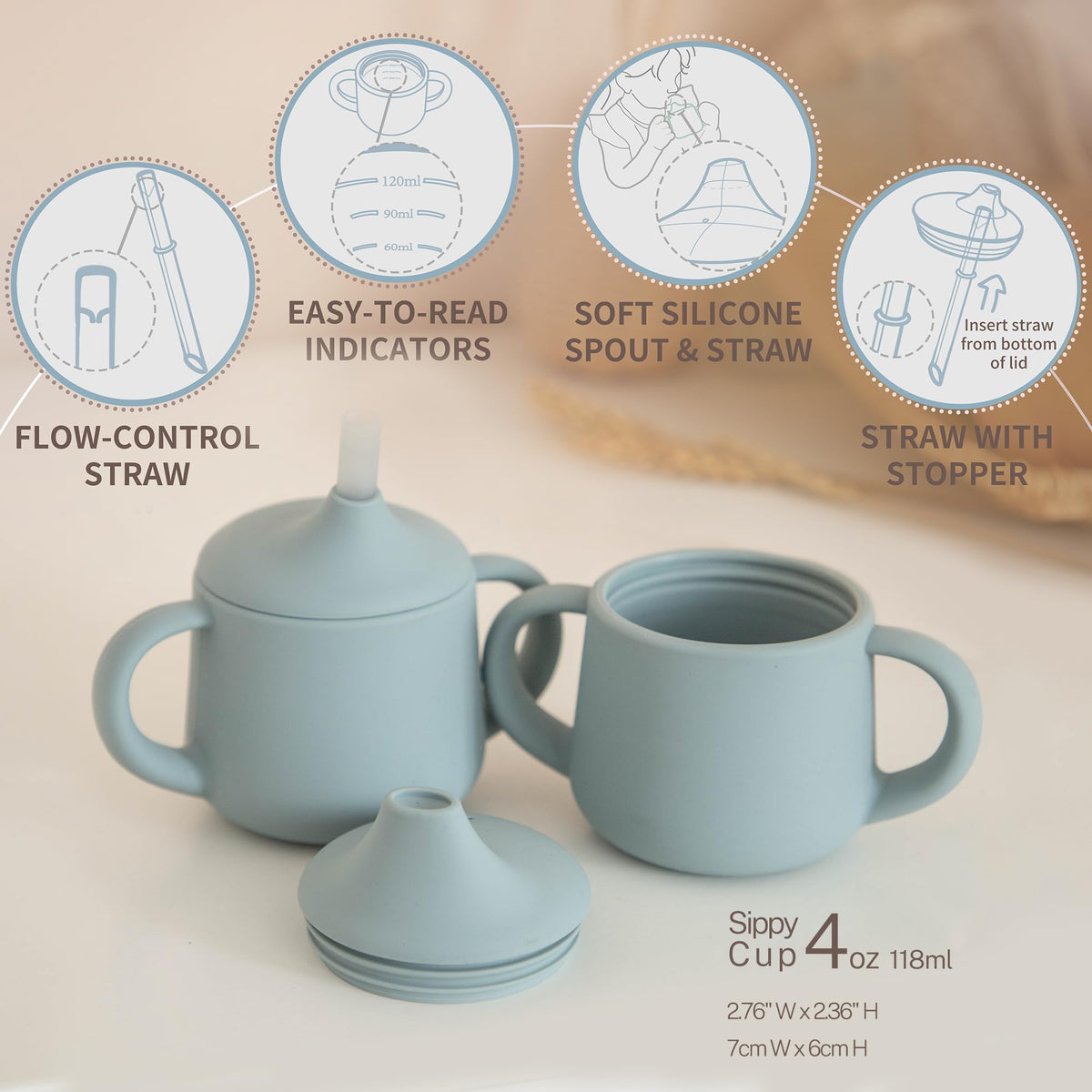 Moonkie four ounce infant straw cup showing leak proof double seal