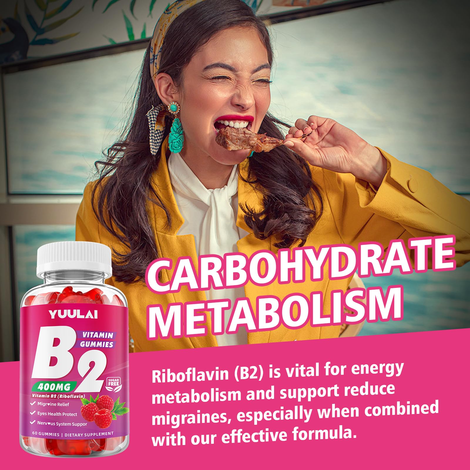 Lifestyle presentation of USA imported YUULAI vitamin B2 container for daily family nutritional health.