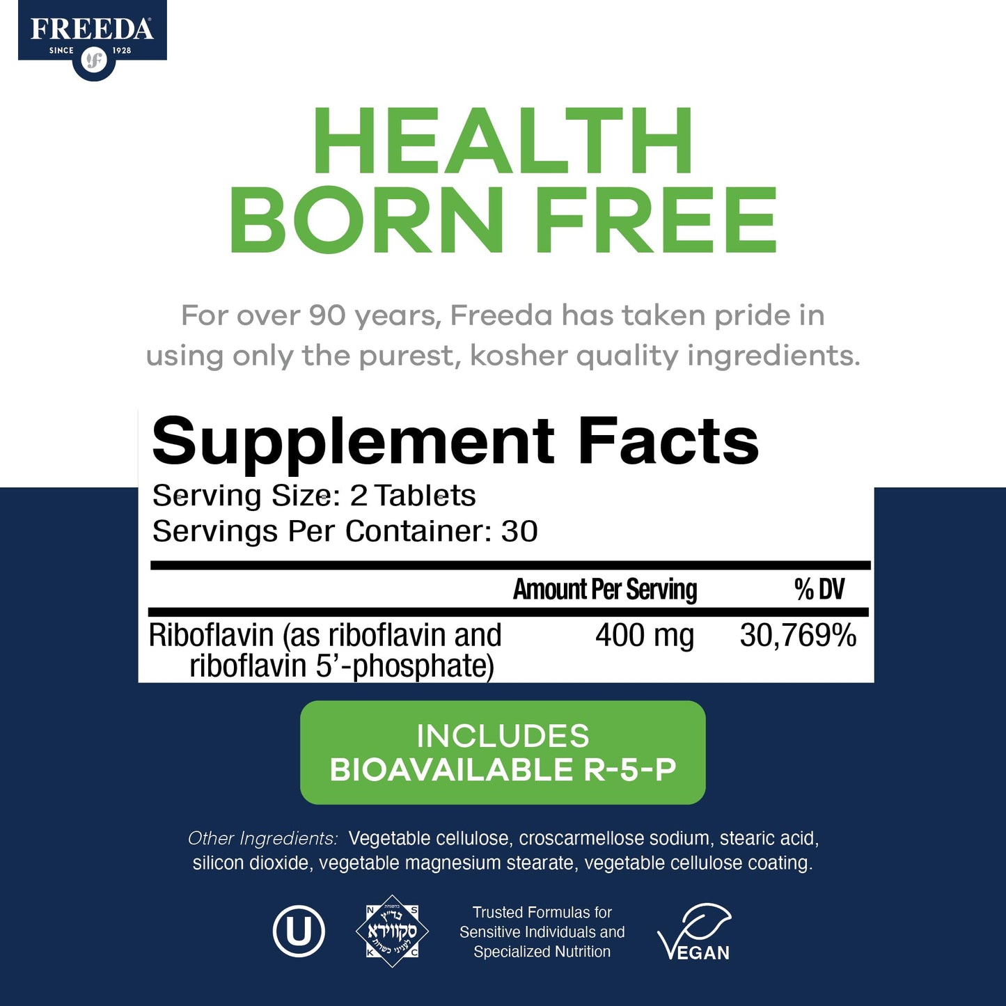 USA imported Freeda Vitamin B2 vegan tablets container side angle view.