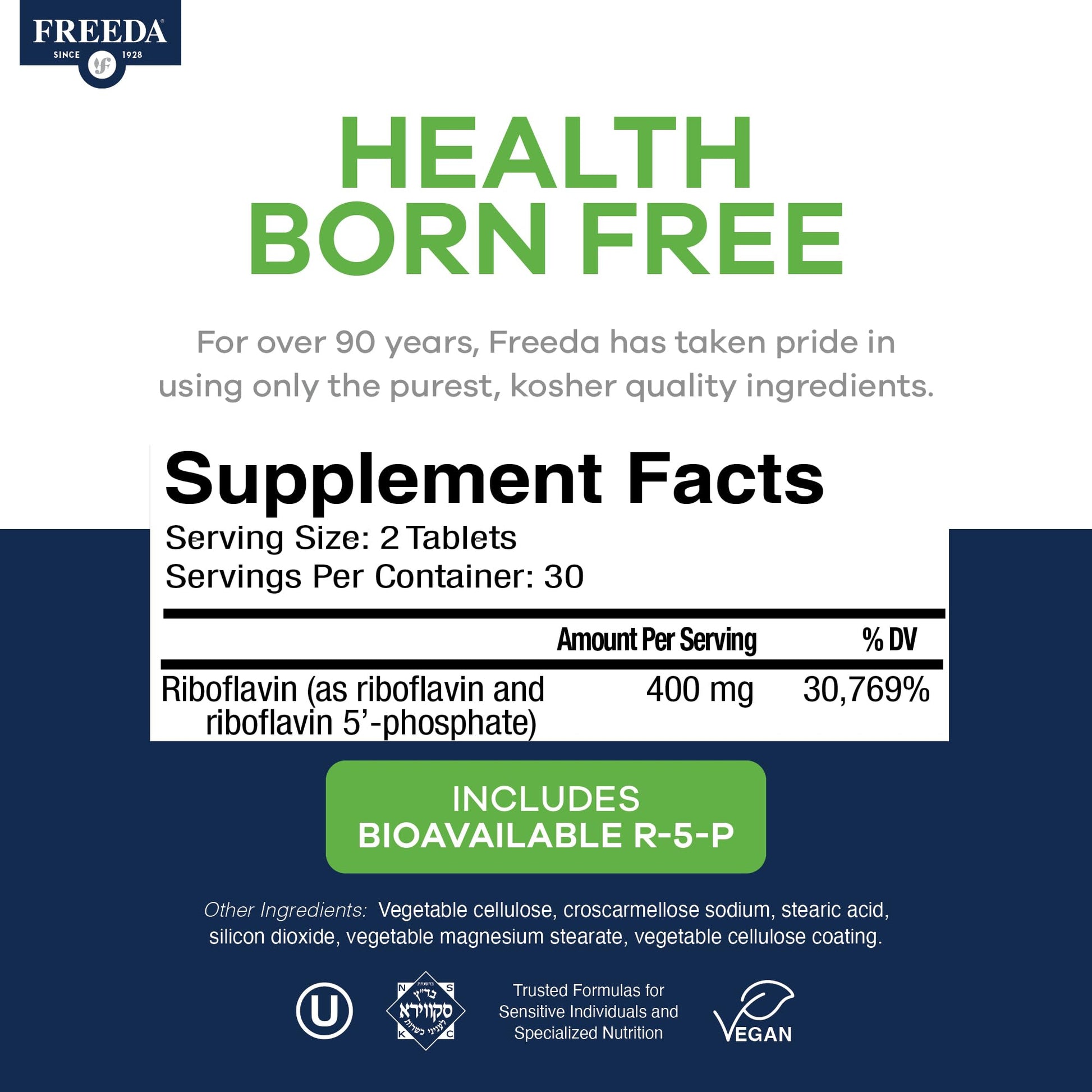USA imported Freeda Vitamin B2 vegan tablets container side angle view.