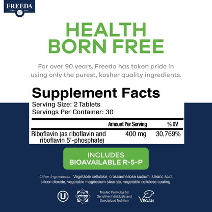 USA imported Freeda Vitamin B2 vegan tablets container side angle view.
