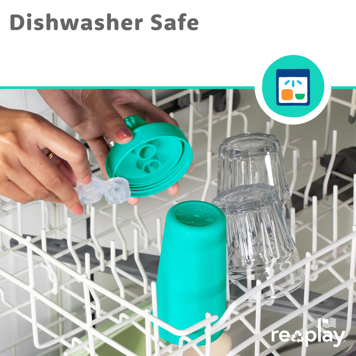 Re-Play break proof leak resistant toddler cups positioned next to eco friendly packaging.