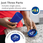 Top down angle of the four pack Re-Play spill proof toddler feeding cups in true blue variant.