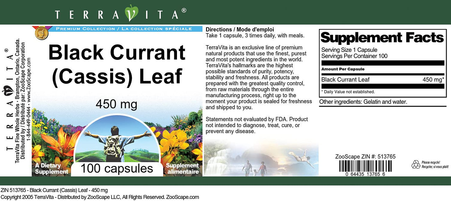 Supplement facts label of Terravita Black Currant Cassis Leaf