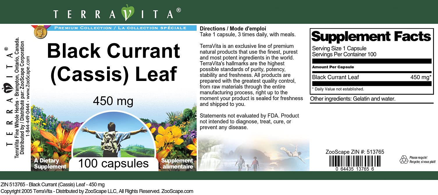 Supplement facts label of Terravita Black Currant Cassis Leaf