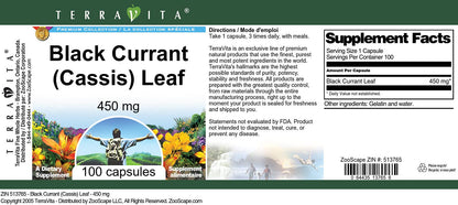 Supplement facts label of Terravita Black Currant Cassis Leaf