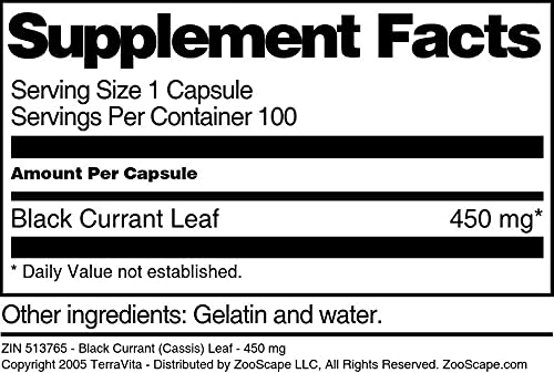 Close up of Terravita 450 mg black currant leaf capsules