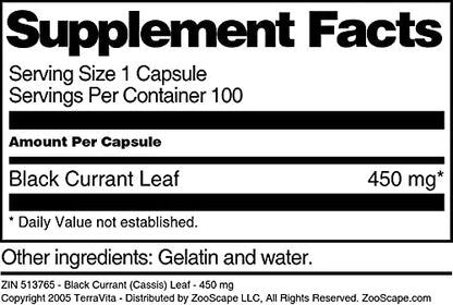 Close up of Terravita 450 mg black currant leaf capsules