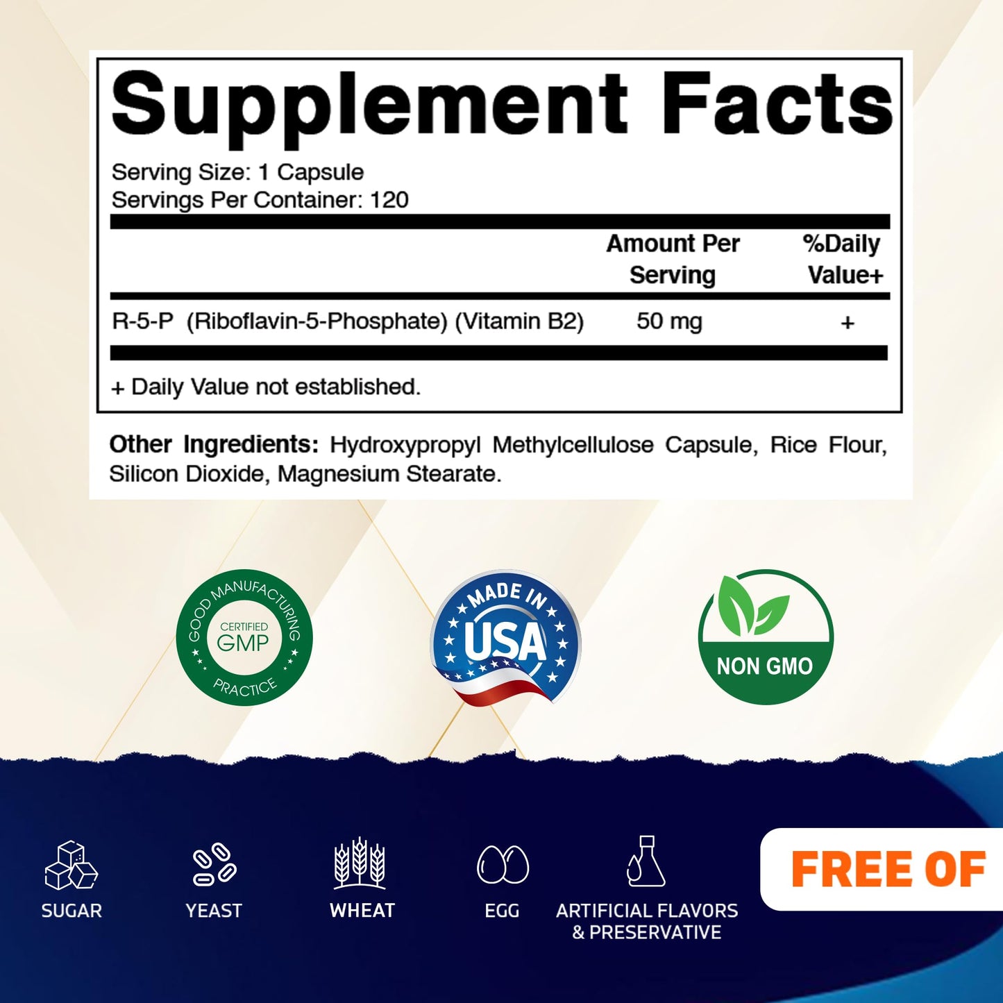 Vitamatic R5P Vitamin B2 120 capsules nutritional facts and ingredient list panel