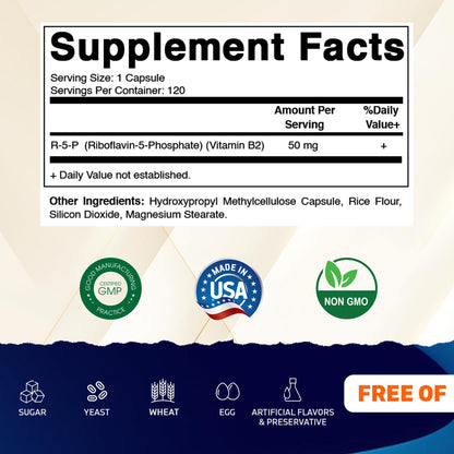 Vitamatic R5P Vitamin B2 120 capsules nutritional facts and ingredient list panel
