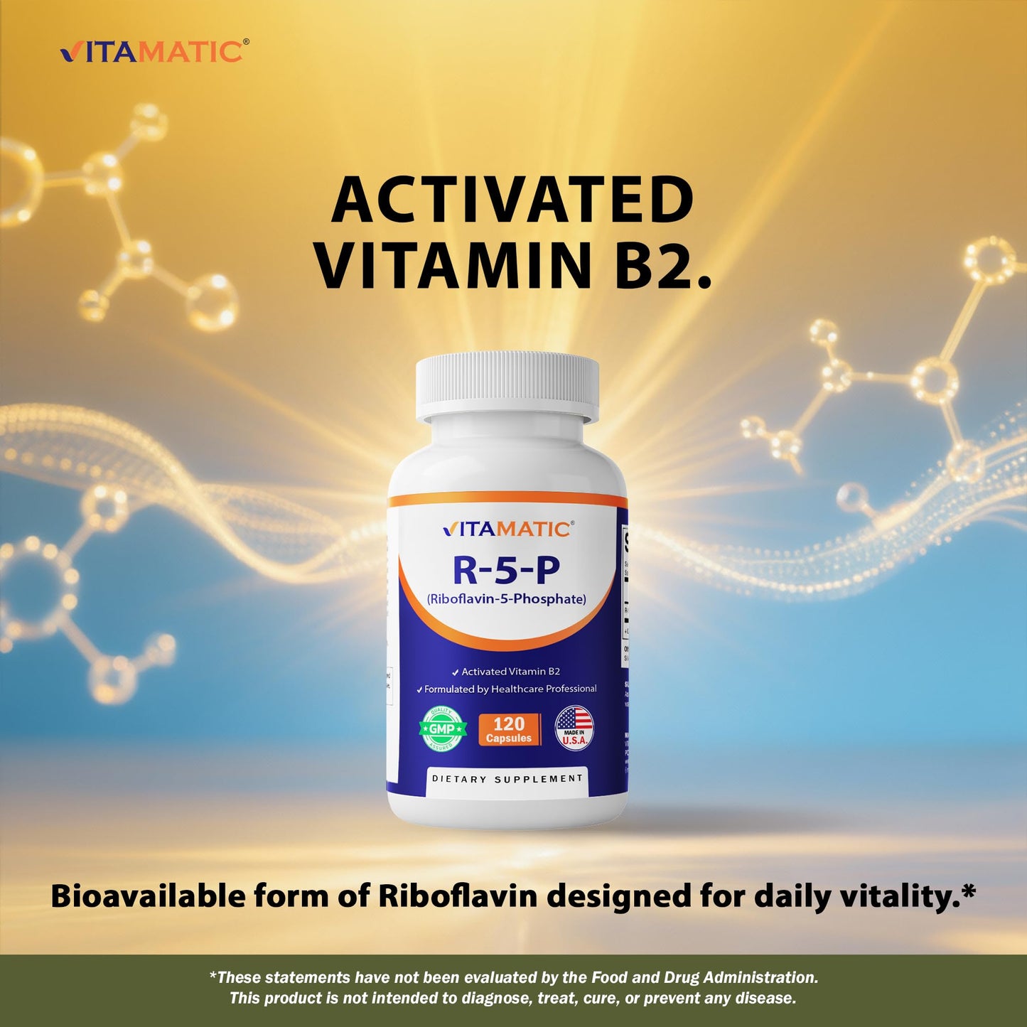 Vitamatic Riboflavin 5 Phosphate non GMO and vegetarian certified seals on premium bottle packaging