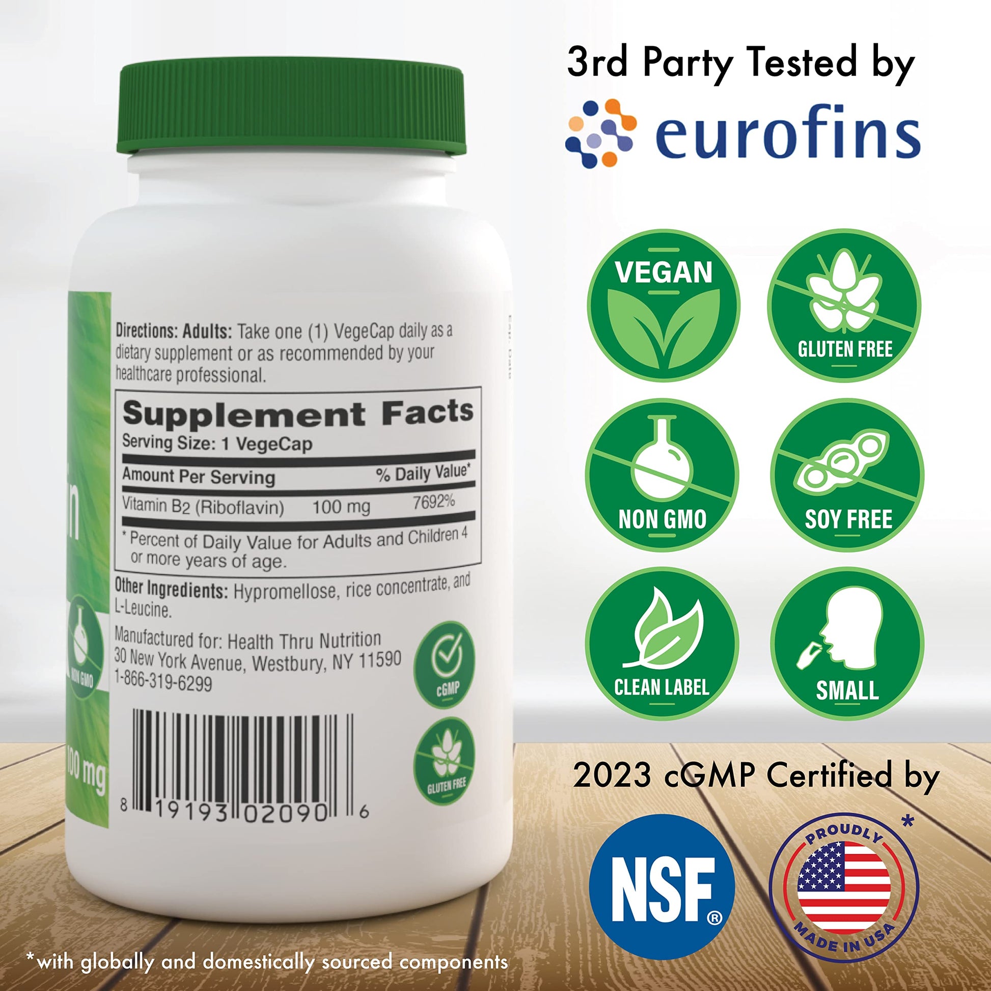 Health Thru Nutrition Vitamin B2 supplement showing supplement facts list