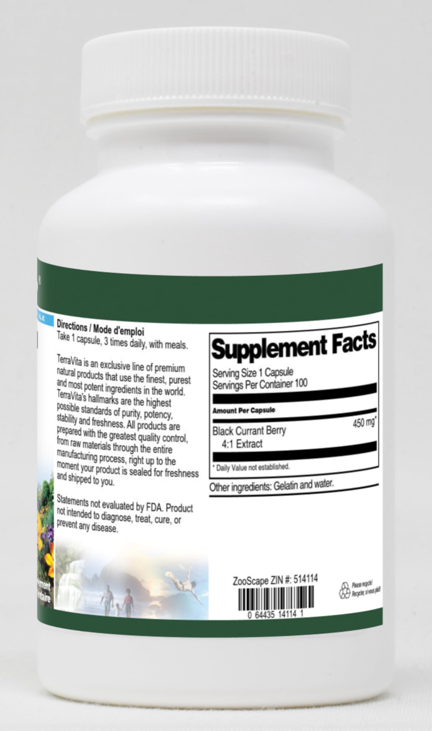 Close up of Terravita Black Currant Berry 100 capsules bottle