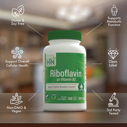 Authentic USA imported Health Thru Nutrition Riboflavin 100 vegetable capsules label details