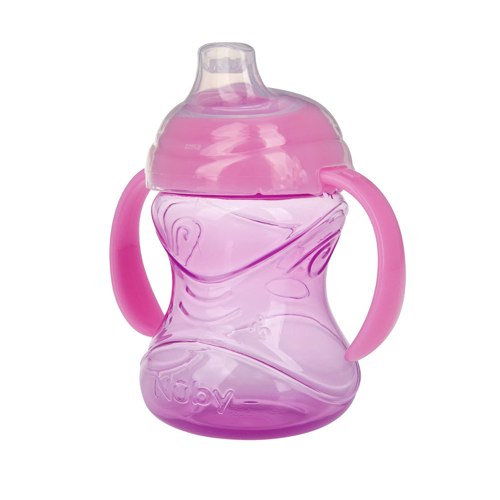 Side view of the pink ten ounce baby cup highlighting the comfortable holding angle for toddlers.