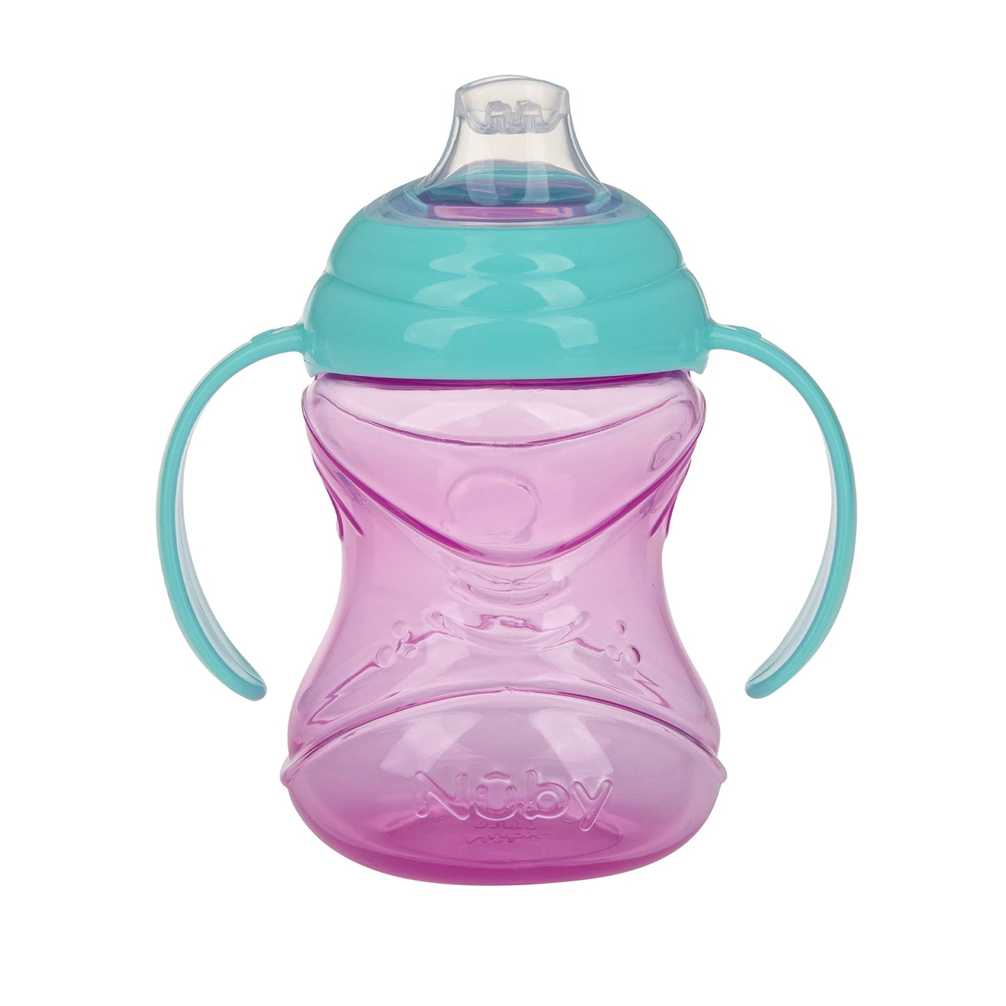 Disassembled view of the Nuby baby cup components illustrating the easy-to-clean top-rack dishwasher safe parts.
