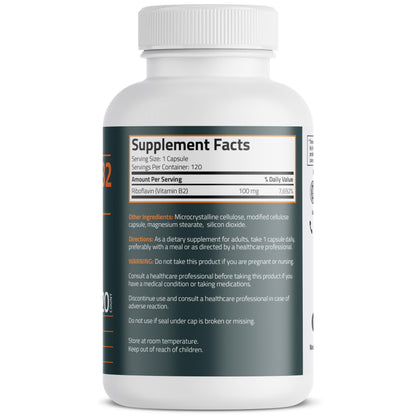 Bronson Vitamin B2 120 vegetarian capsules supplement facts and ingredient label details