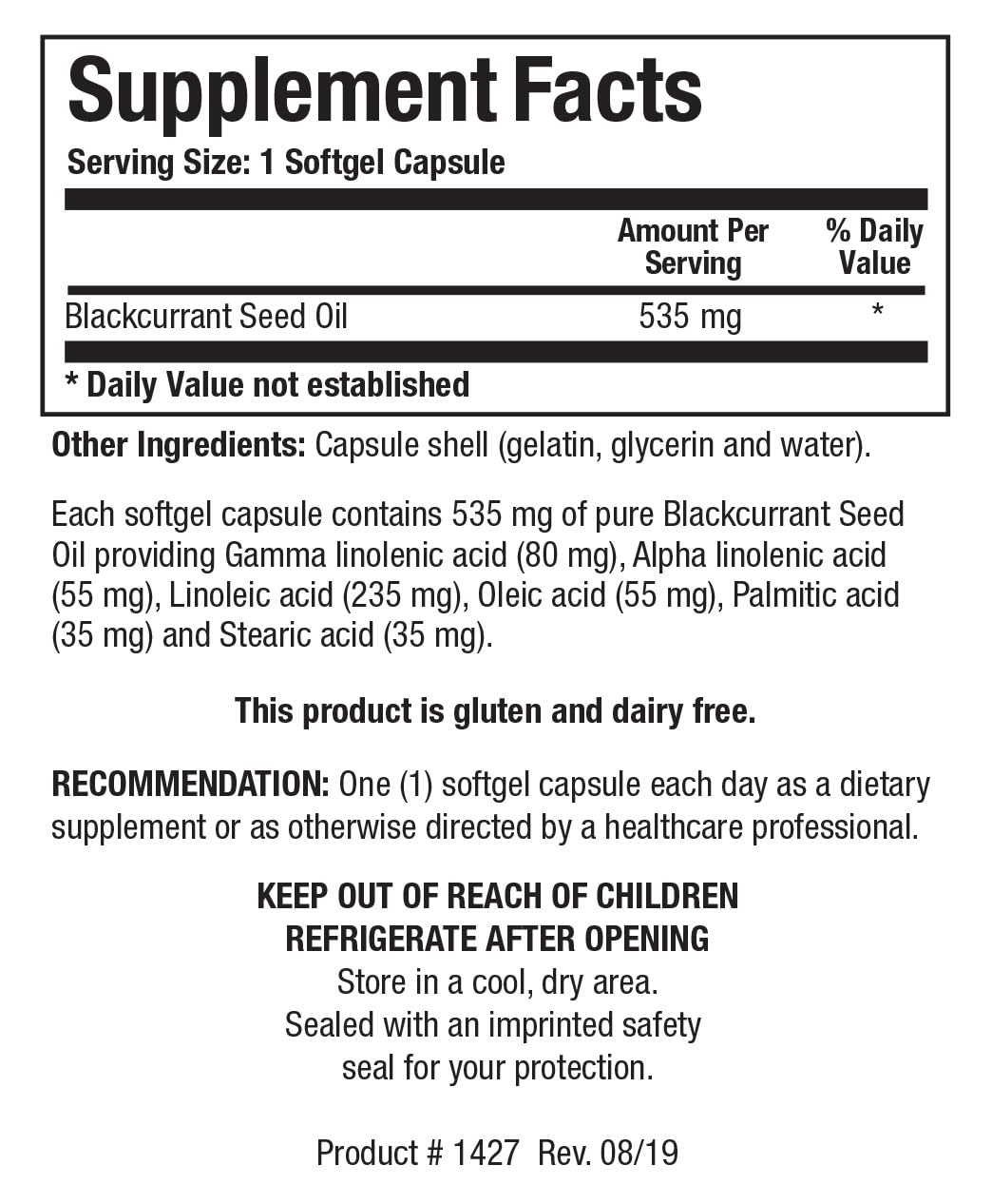 Biotics Research Blackcurrant Seed Oil supplement label details