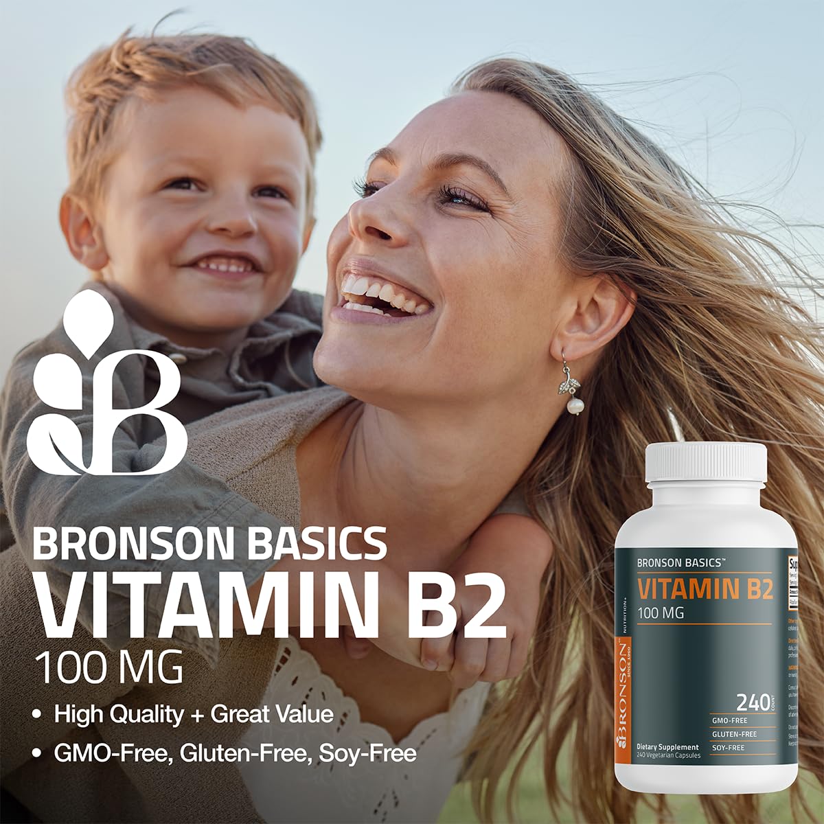 Bronson Basics Riboflavin 100mg non GMO gluten free verification seals on bottle