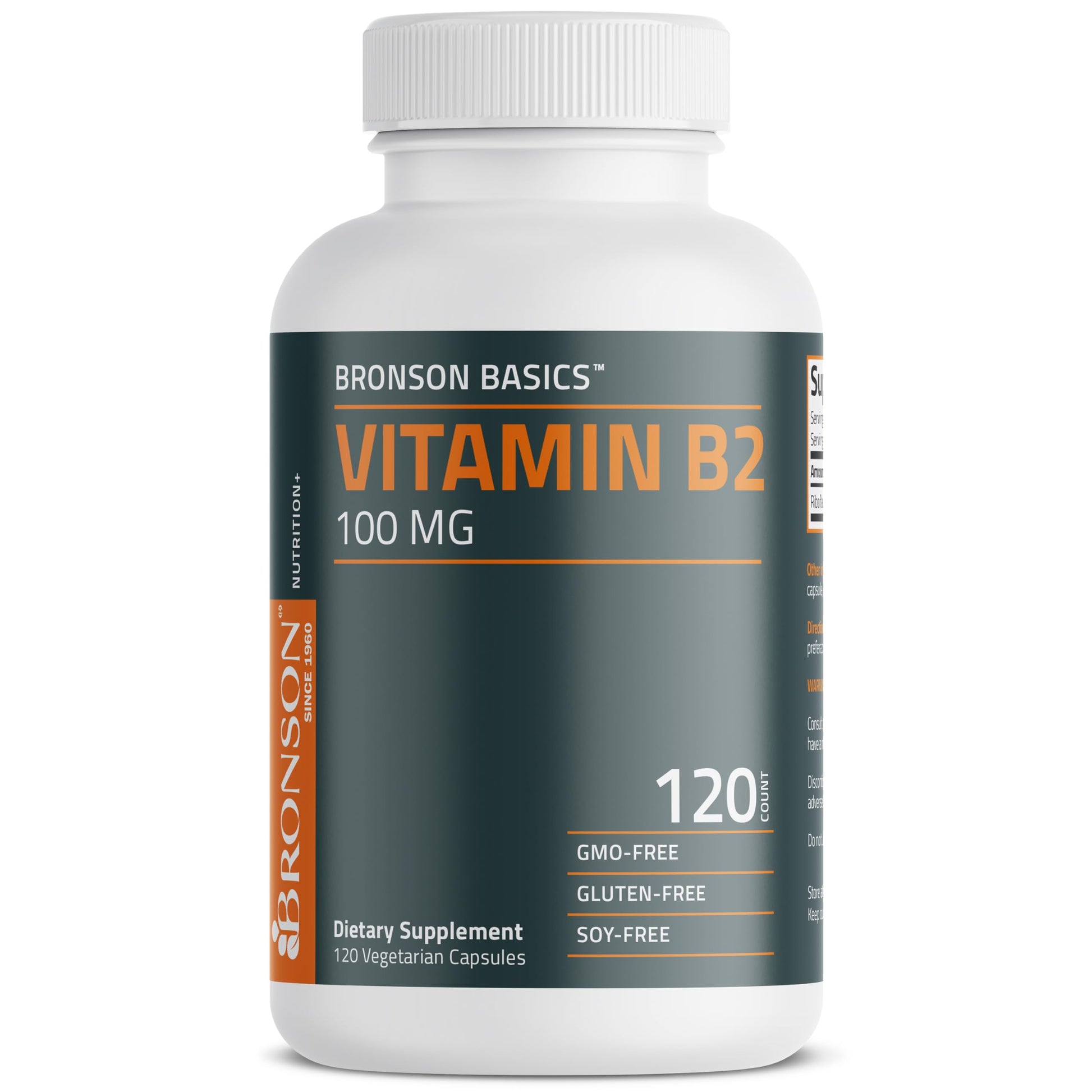 USA imported Bronson Basics Vitamin B2 container showcasing clean dietary supplement certifications