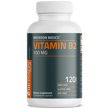 USA imported Bronson Basics Vitamin B2 container showcasing clean dietary supplement certifications