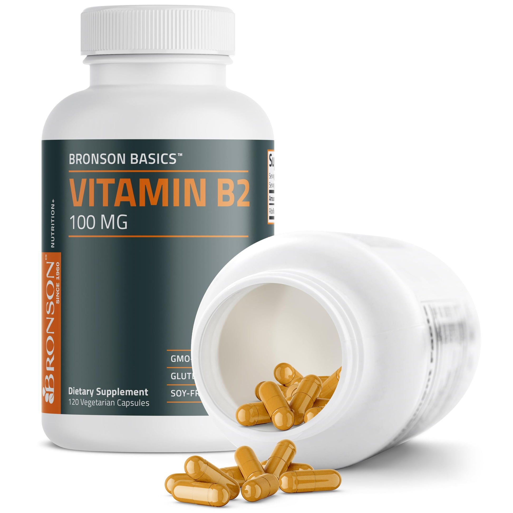 Close up of Bronson Basics B2 riboflavin packaging highlighting pharmacist founded heritage