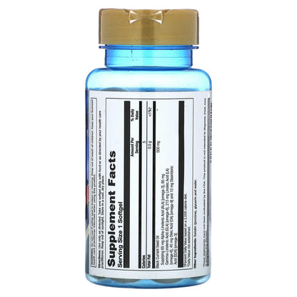 Close up of Nature's Life black currant seed oil mini softgels