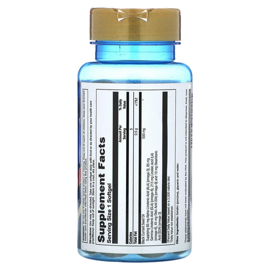 Close up of Nature's Life black currant seed oil mini softgels