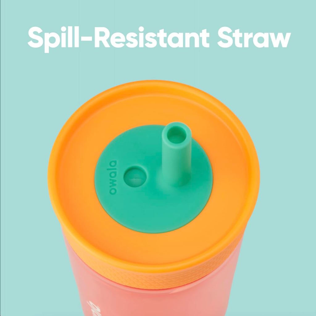 Owala fifteen ounce kids water bottle showing spill resistant lid setup.