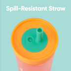 Owala fifteen ounce kids water bottle showing spill resistant lid setup.