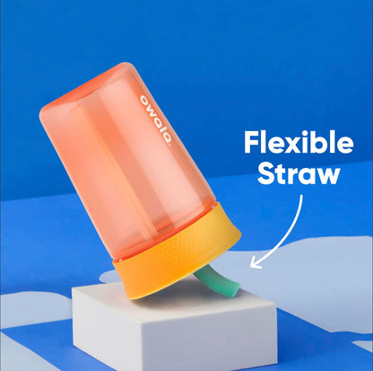 Orange and peach insulated children cup with removable straw detached.
