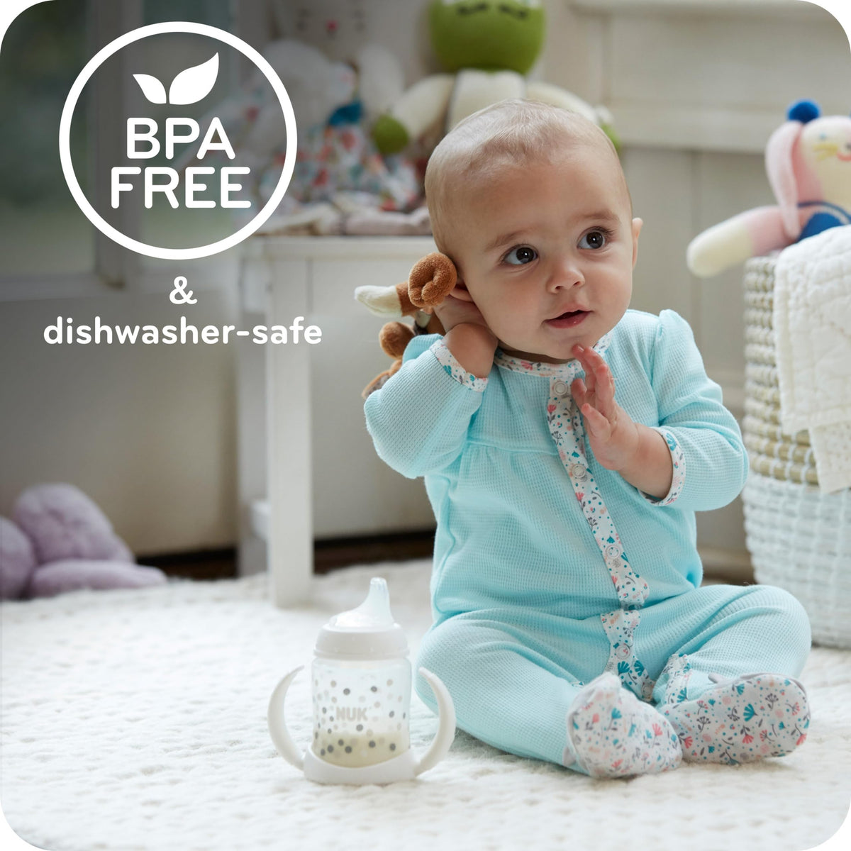 NUK imported toddler sippy cup pack demonstrating the leak proof flow control valve