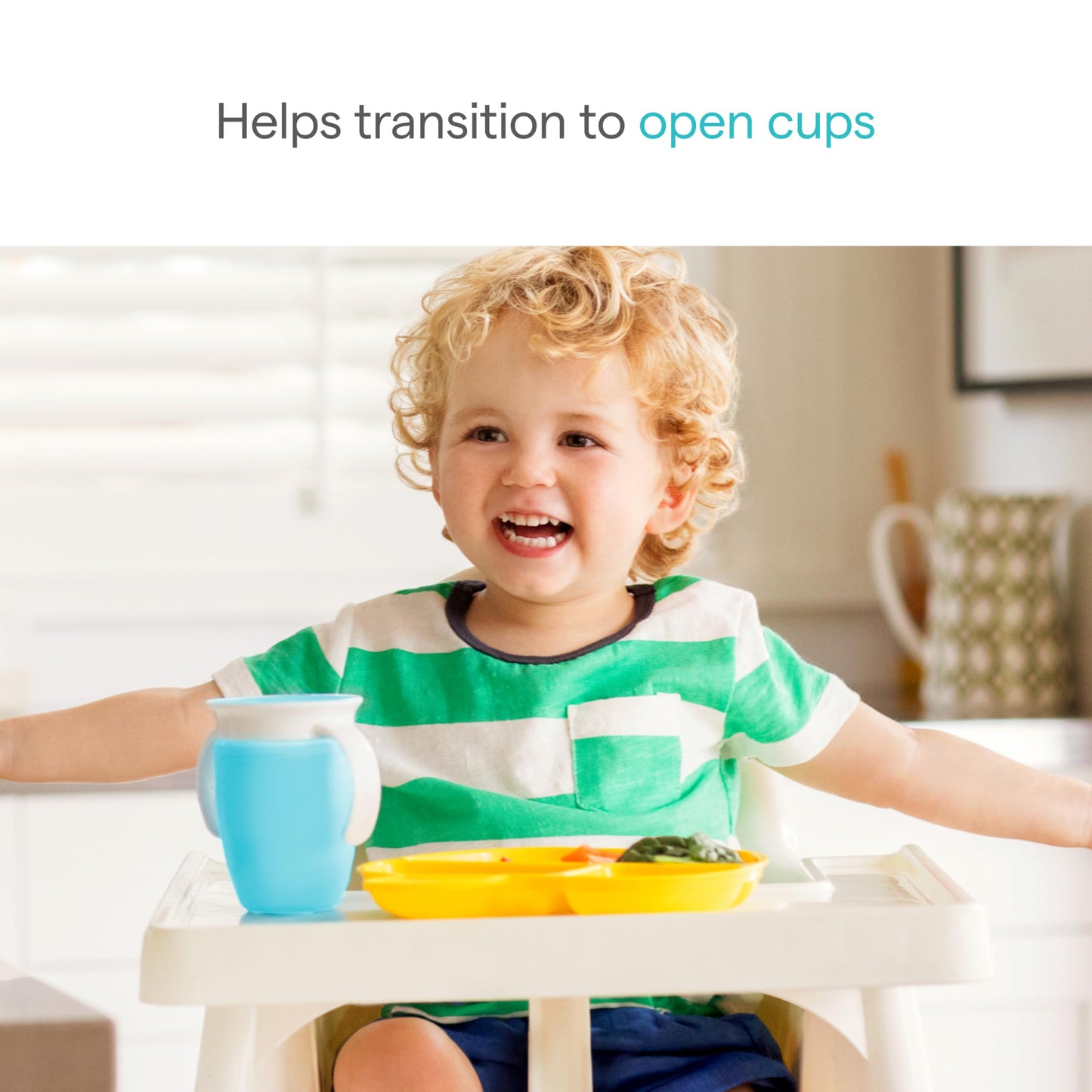 Close up of the dentist recommended spoutless rim on the Munchkin 360 degree baby training cup.