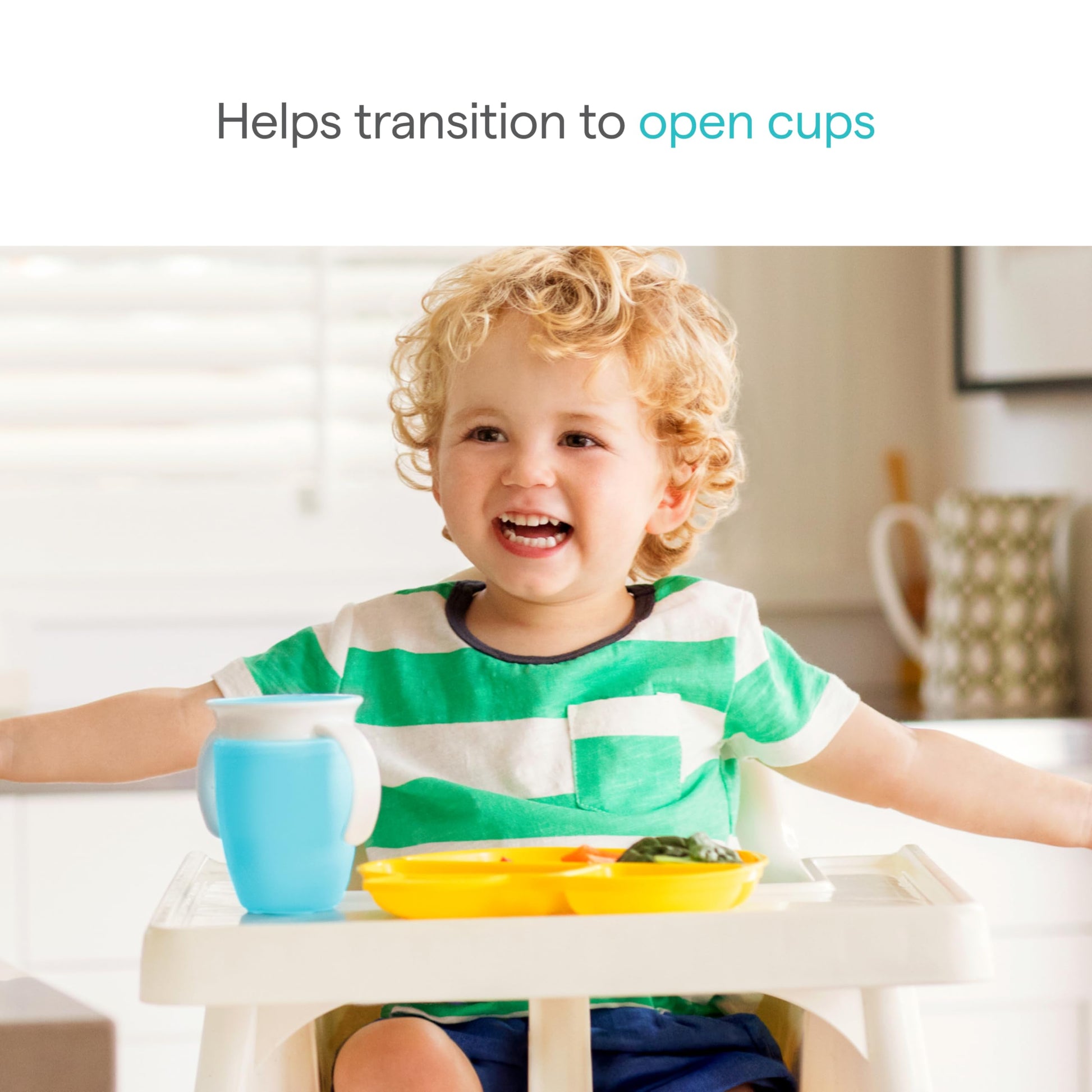Close up of the dentist recommended spoutless rim on the Munchkin 360 degree baby training cup.