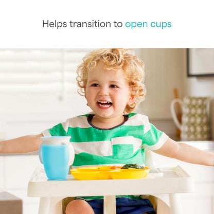 Close up of the dentist recommended spoutless rim on the Munchkin 360 degree baby training cup.