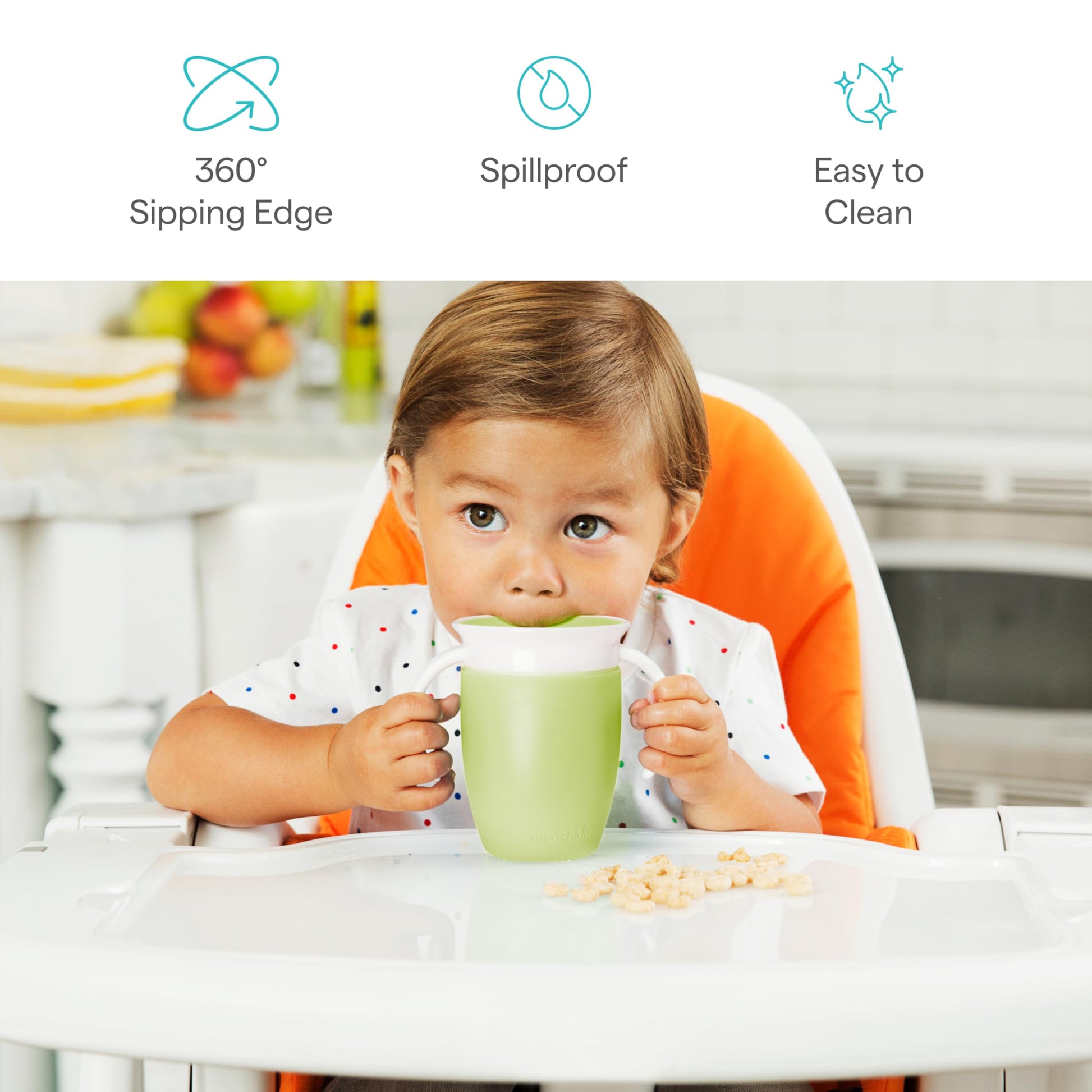 Side profile of the ergonomic white transition handles on the Munchkin seven ounce infant cup.