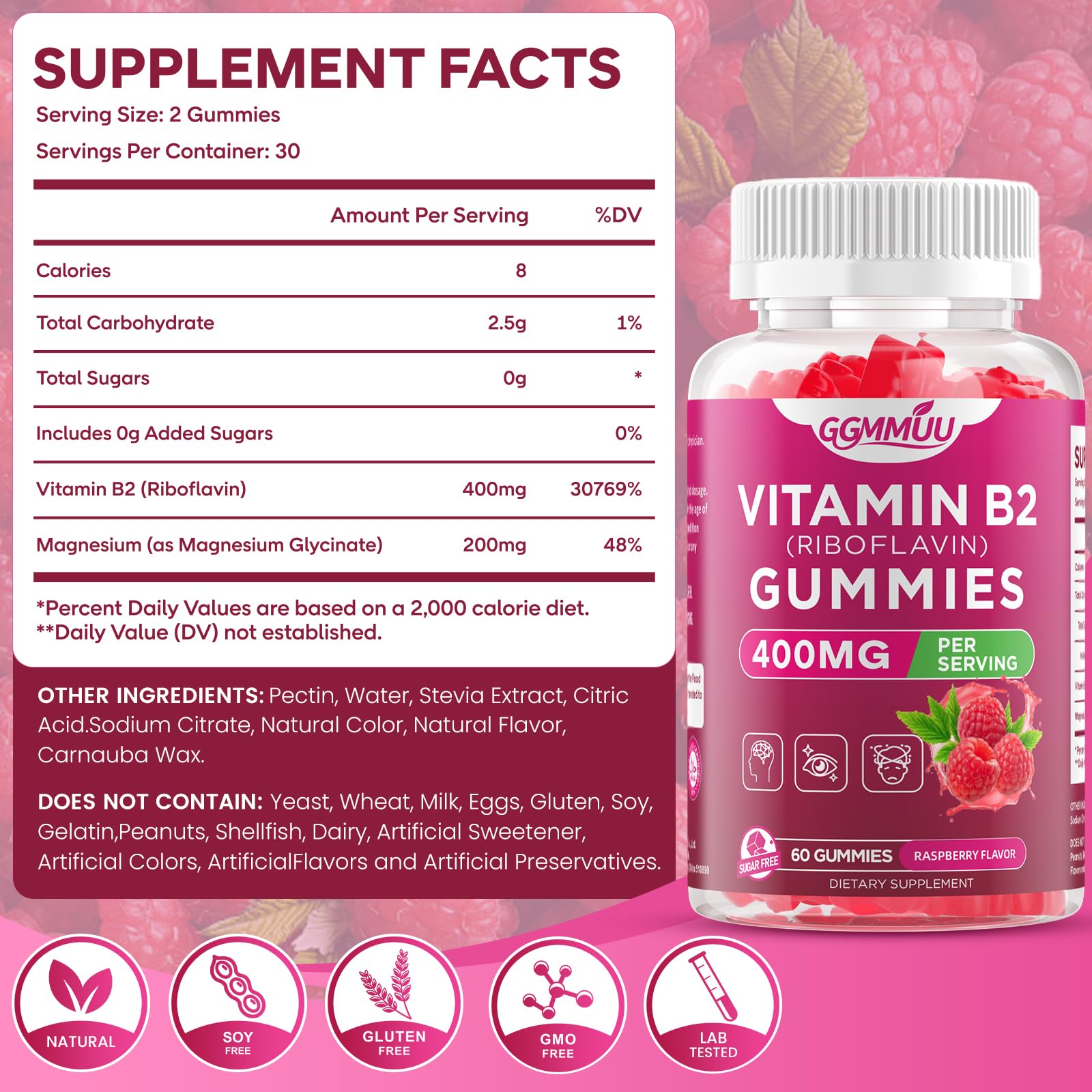 GGMMUU Riboflavin supplement nutritional facts label displaying the 400mg Vitamin B2 and Magnesium content