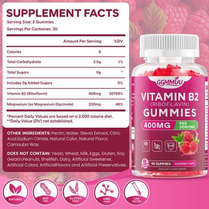 GGMMUU Riboflavin supplement nutritional facts label displaying the 400mg Vitamin B2 and Magnesium content