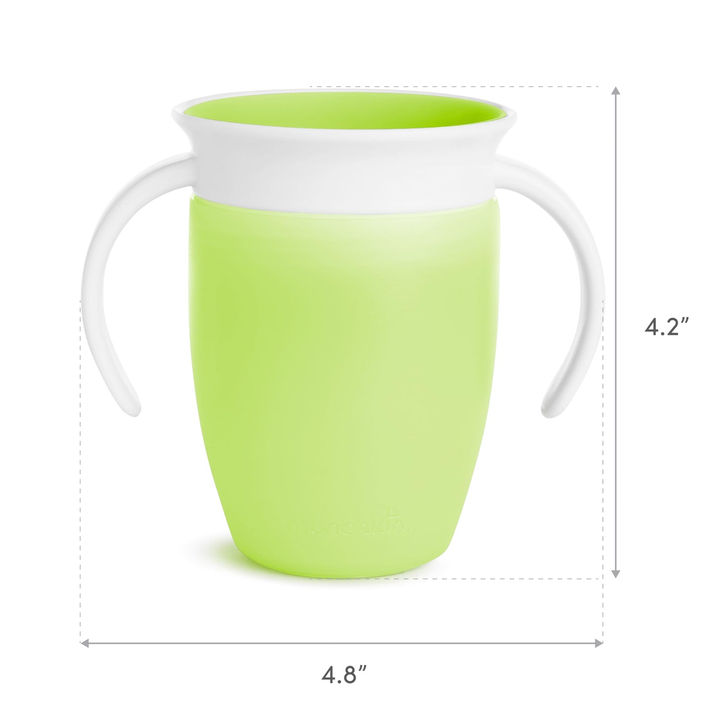 Munchkin Miracle 360 blue and green leak proof toddler cups sitting on a baby high chair.