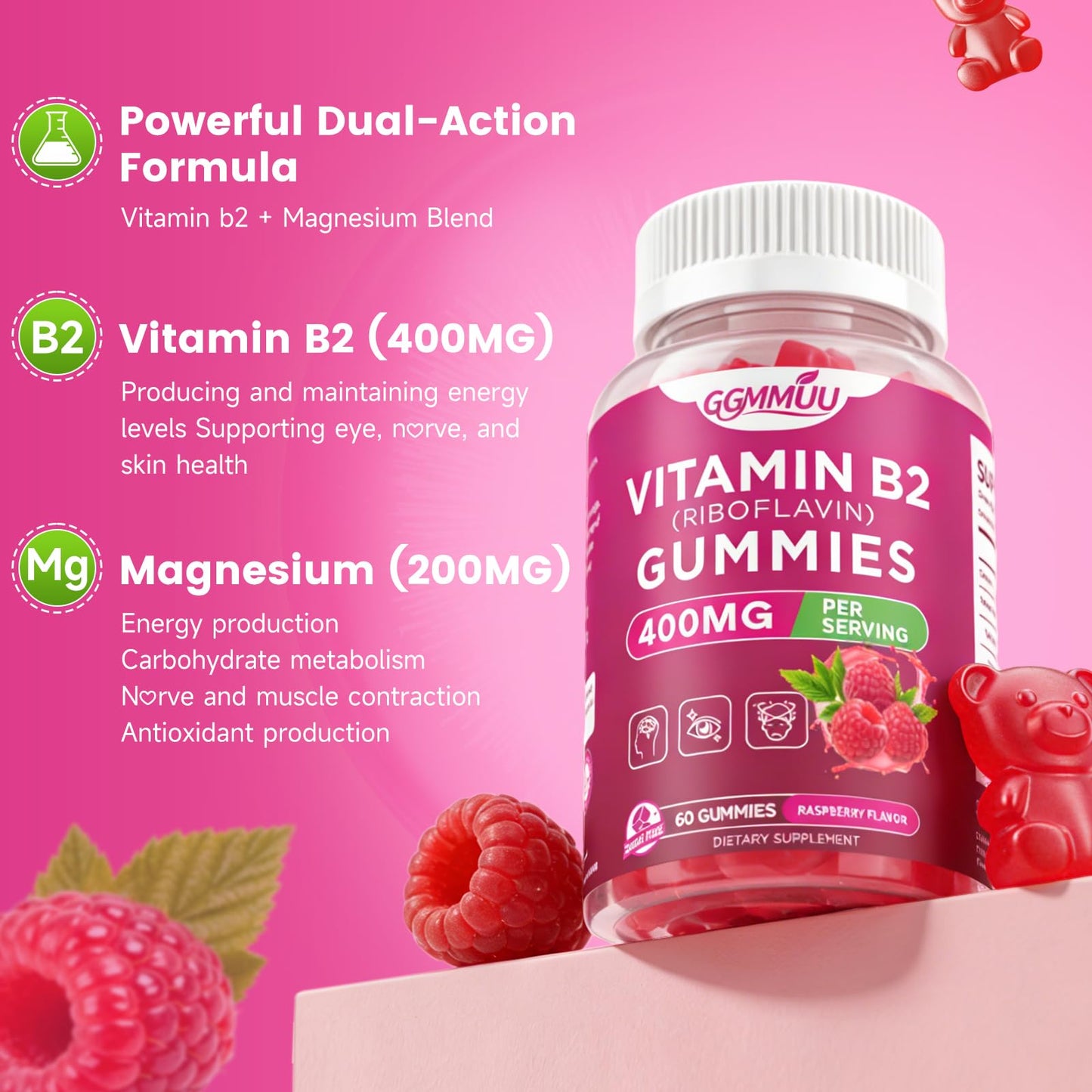 Side label of GGMMUU Vitamin B2 bottle detailing the clean non GMO and gelatin free ingredients
