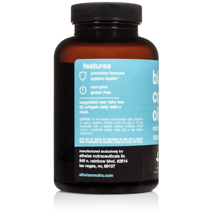 Athelas Black Currant Oil softgels showing cold-pressed purity