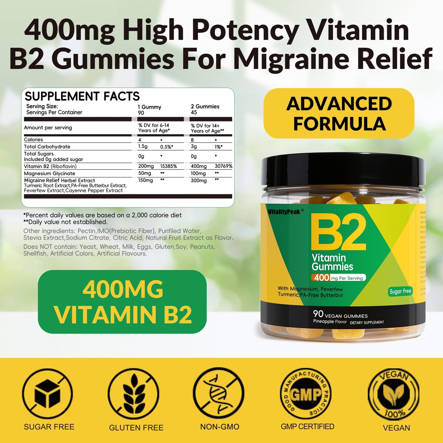 OUYIYUA VitalityPeak sugar free pineapple flavor riboflavin supplement gummies showing the back label and product facts.