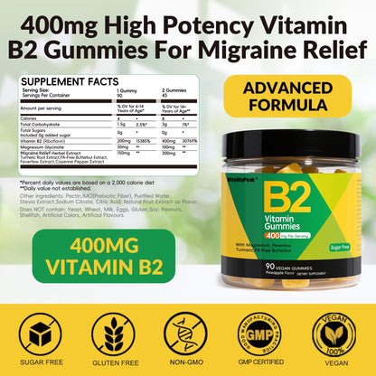 OUYIYUA VitalityPeak sugar free pineapple flavor riboflavin supplement gummies showing the back label and product facts.