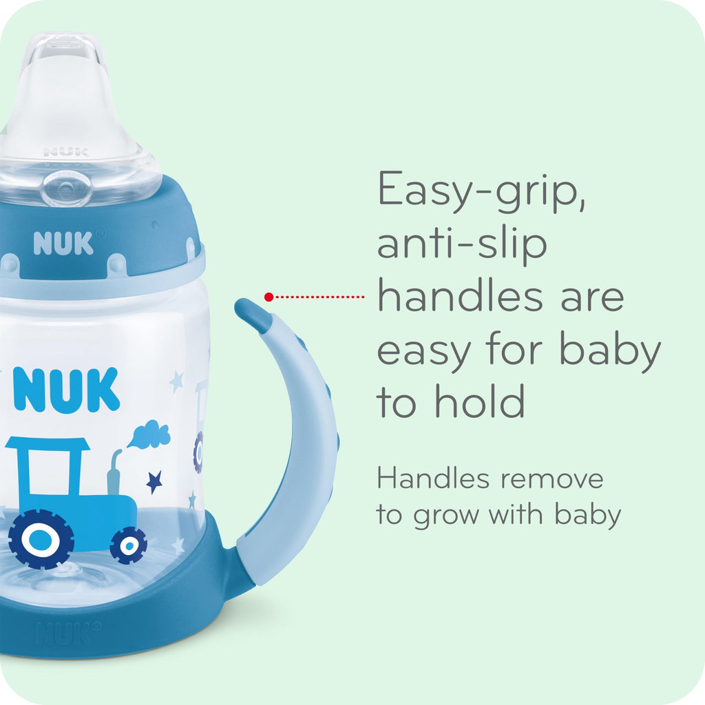 Close-up view of the soft silicone spill-proof spout on the NUK transition toddler cup.