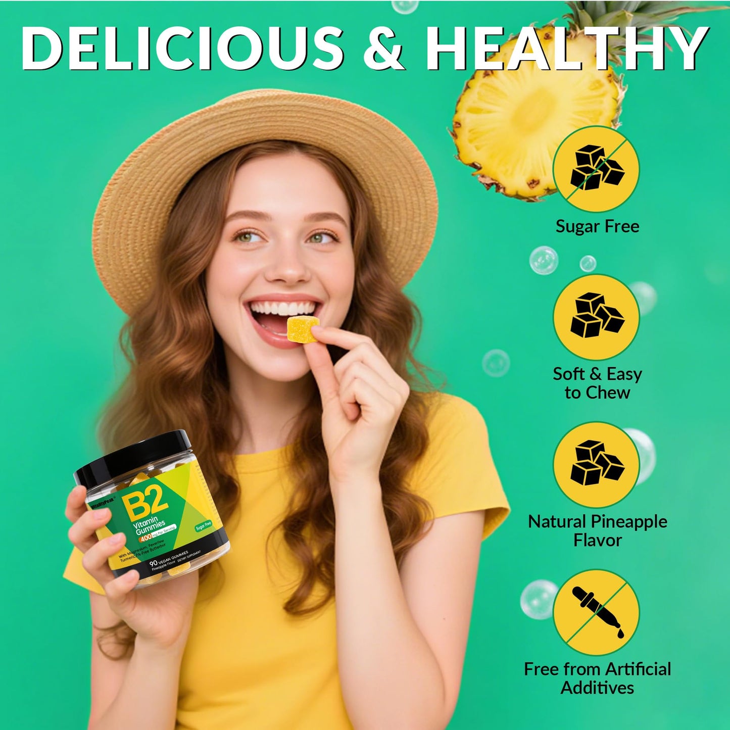 Vegan imported USA wellness supplements container displaying the organic herbal blend of turmeric and feverfew.