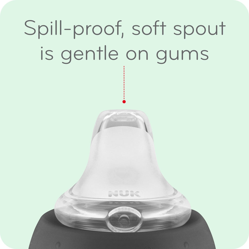 NUK ten ounce baby training cup disassembled to display the anti-colic air vent mechanism.