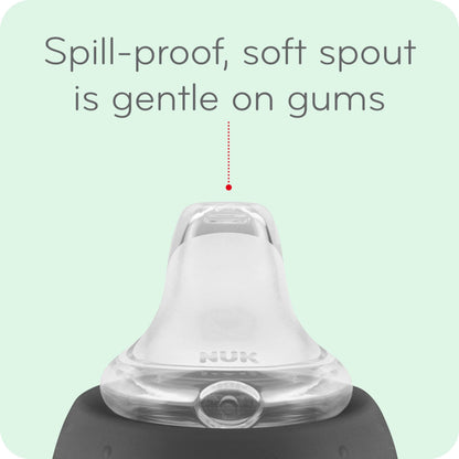 NUK ten ounce baby training cup disassembled to display the anti-colic air vent mechanism.