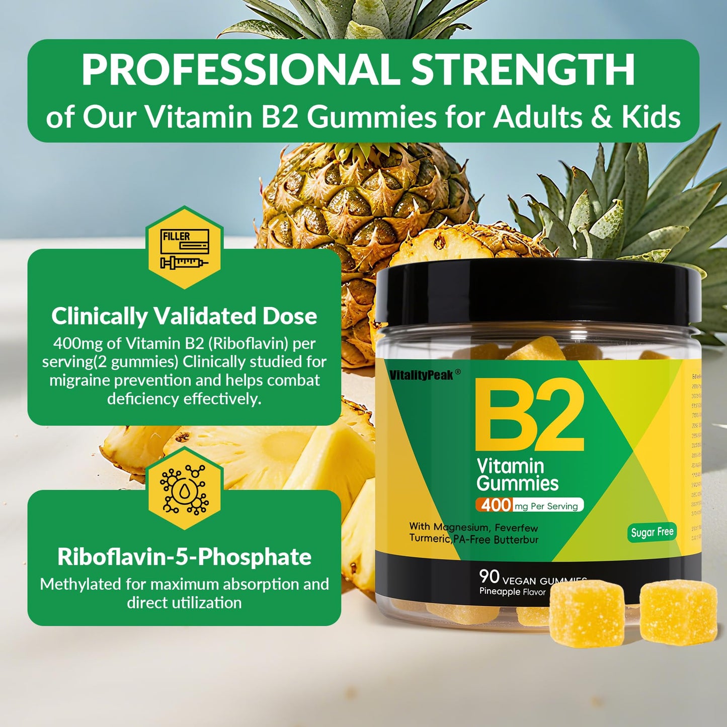 Close up view of the natural pineapple flavored chewable dietary gummies for easy non pill supplement routine.