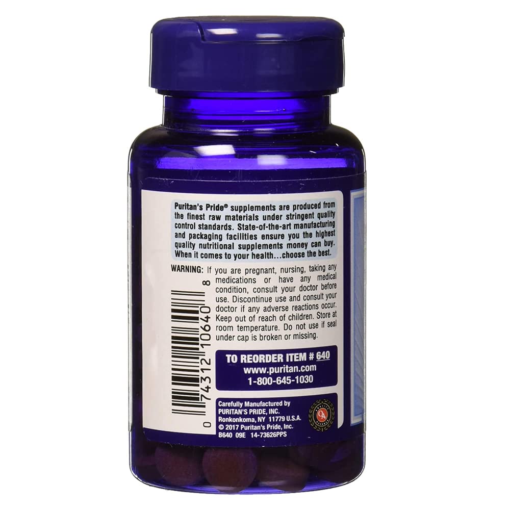 Puritan's Pride Riboflavin 100 Milligram side panel depicting supplement facts and clean ingredient details.