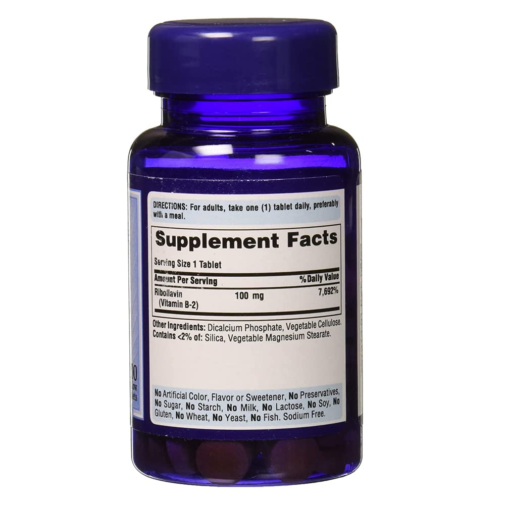 High potency Vitamin B2 100 Milligram vegetarian supplement bottle showcasing gluten free certification.